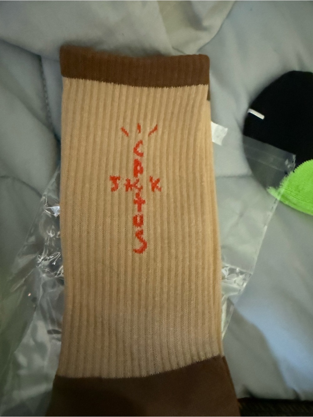 Beige & Brown Cactus Embroidered Crew Socks
